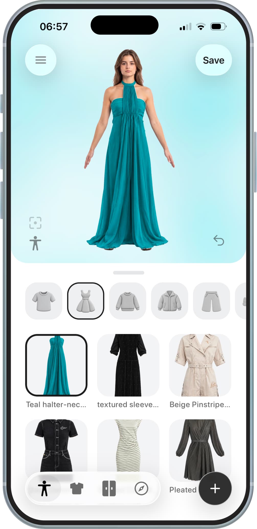 Your avatar wearing a teal dress