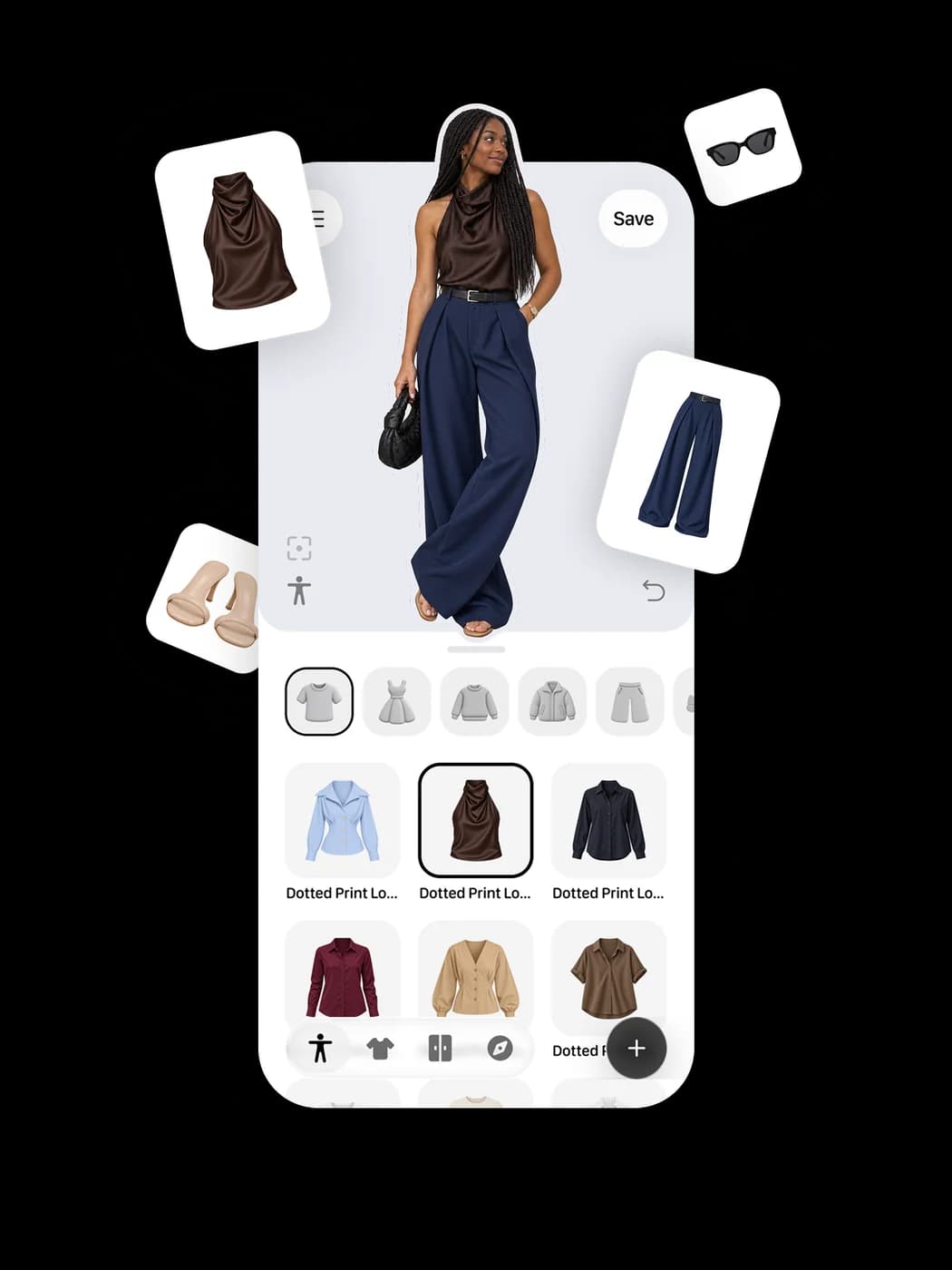 Your avatar wearing a brown satin top and navy wide-leg trousers, surrounded by the garments in the outfit
