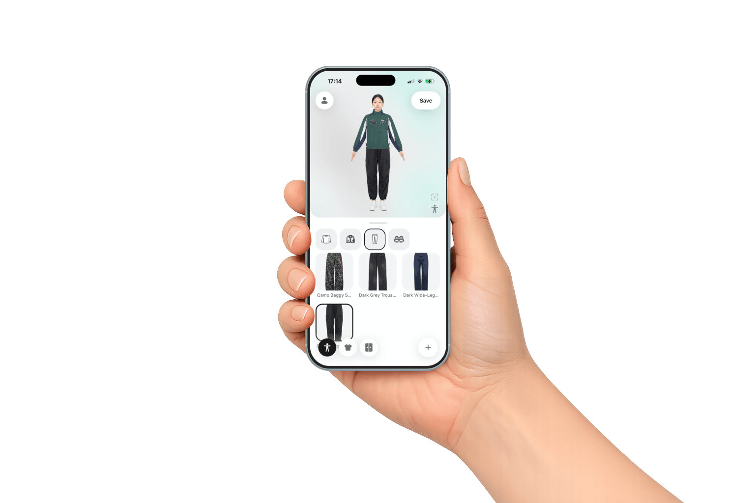 A hand holding a phone running Sleev, showing an outfit tried on a personal avatar