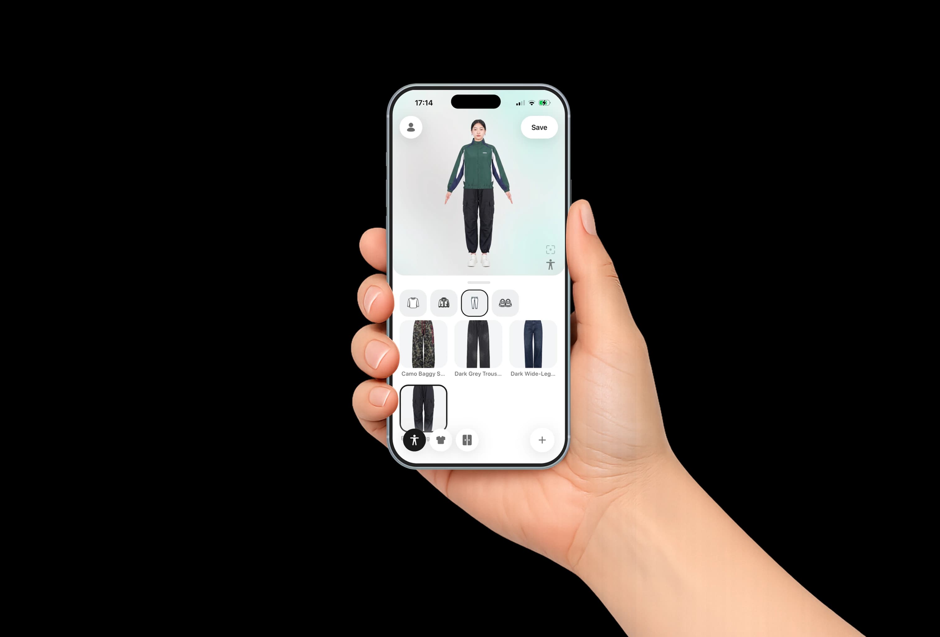 A hand holding a phone running Sleev, showing an outfit tried on a personal avatar