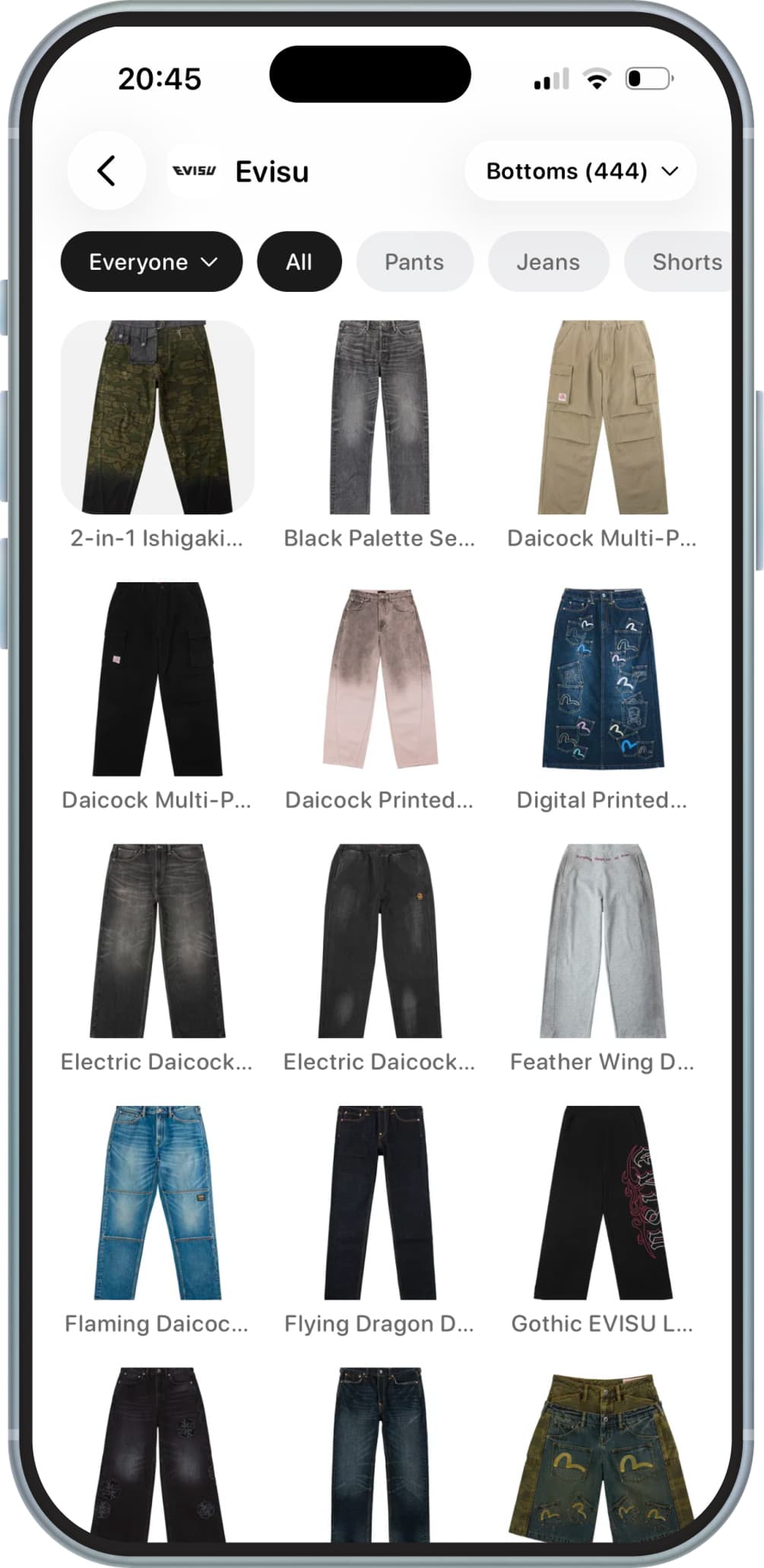 Browse Evisu jeans and brand products