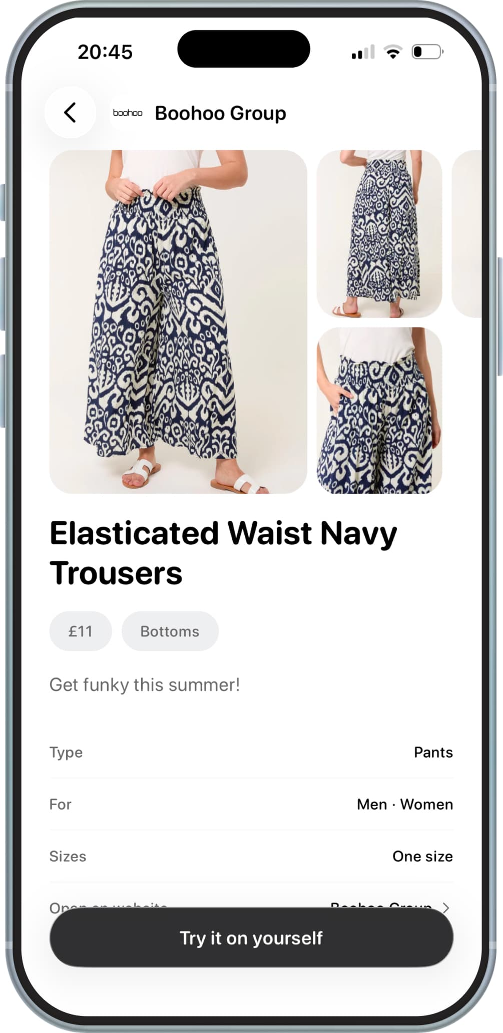 A product page with patterned navy trousers