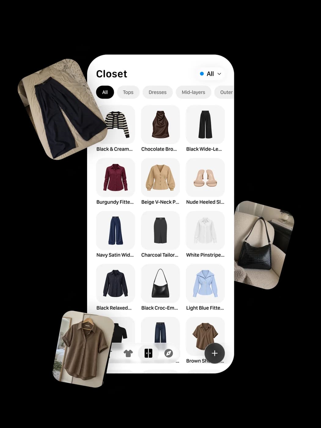 Your digital closet with tops, trousers, shoes and bags, next to the photos they were added from