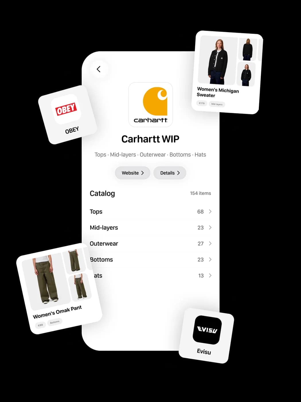 Brand catalogs in Explore, including Carhartt WIP, OBEY and Evisu