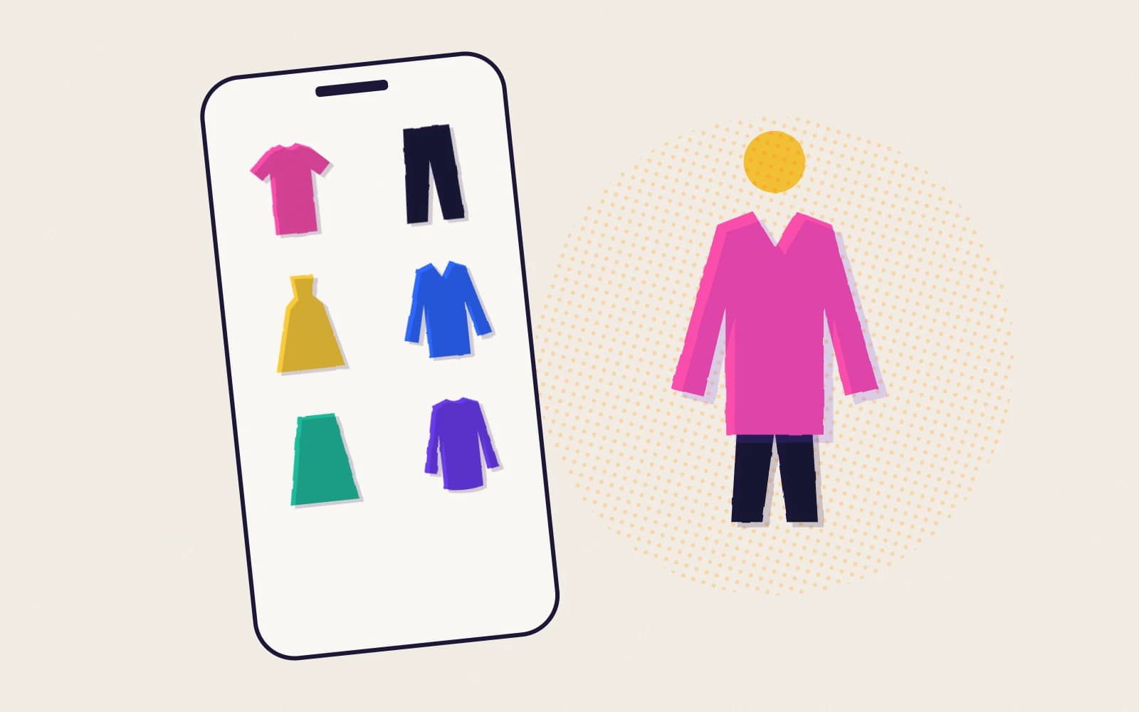 Illustration: a flat outfit board, a phone with a wardrobe grid, and a figure wearing an outfit