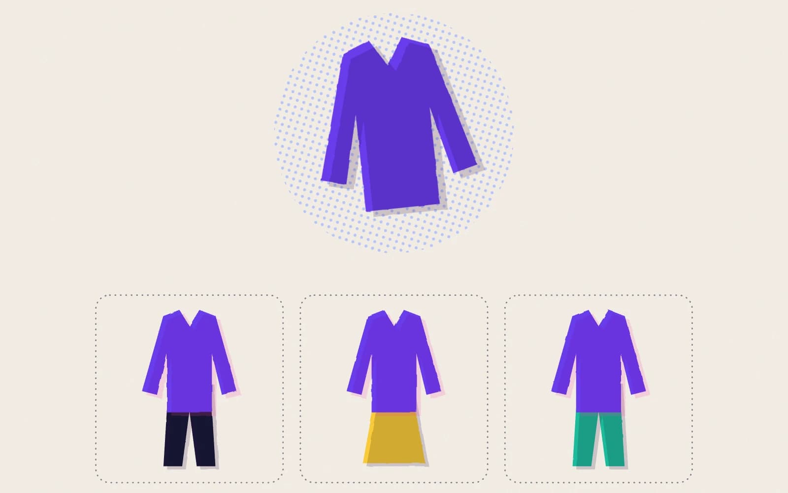 Illustration: one jacket connected to three outfits that reuse it
