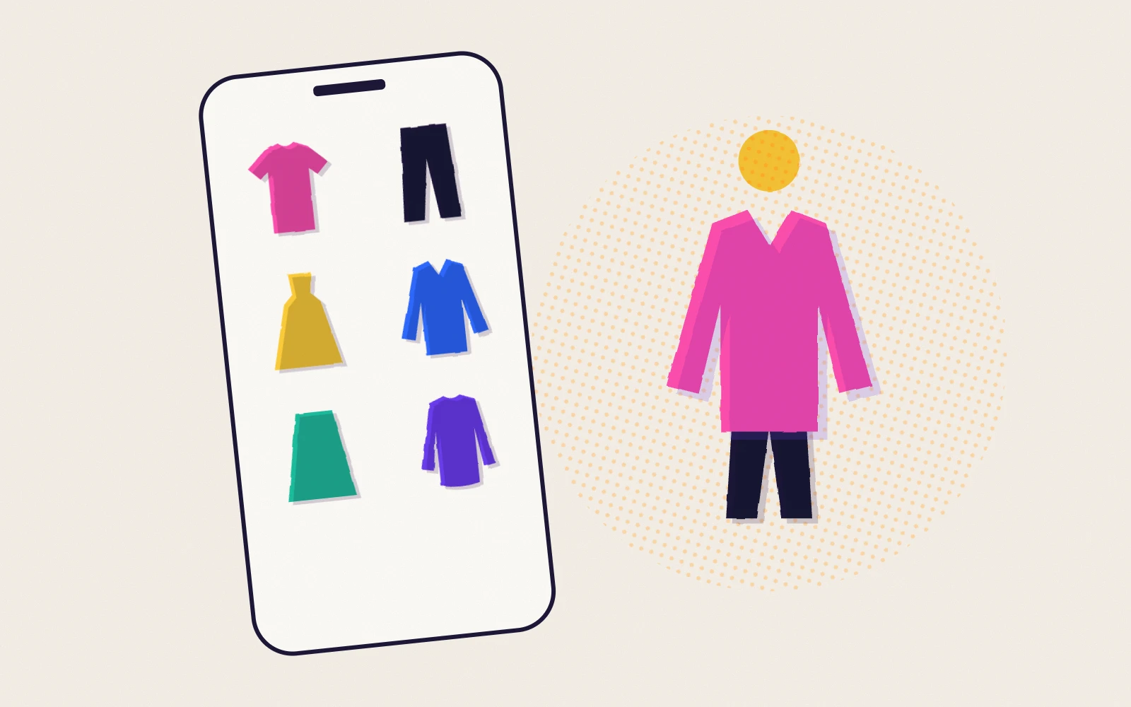 Illustration : une planche de tenue, un téléphone avec une grille de vêtements et une silhouette habillée