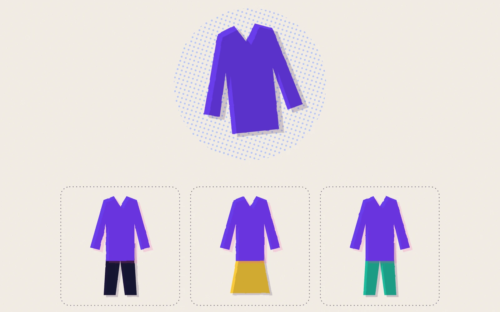 Illustration: one jacket connected to three outfits that reuse it